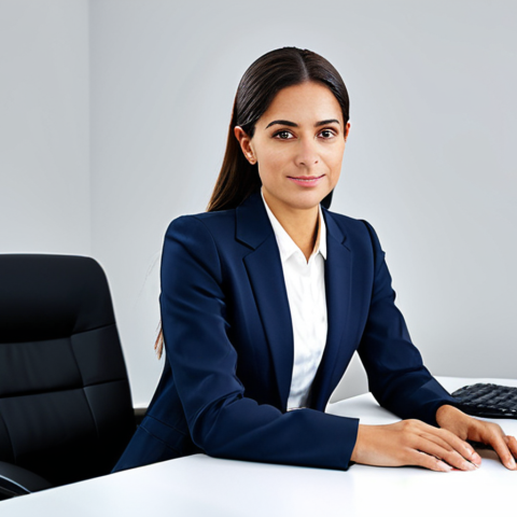 ** A professional businesswoman in a modest business suit, sitting at a desk in a modern office, fully clothed, appropriate attire, safe for work, perfect anatomy, natural proportions, professional photography, high quality.
**
