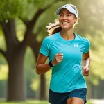 언더아머 런닝 캡과 나이키 에어로빌 캡 비교 - **Prompt 1: Under Armour Iso-Chill Runner in Warm Weather**
    "A young female runner, mid-stride o...