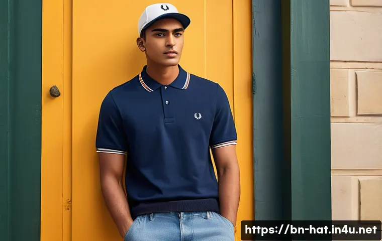 프레드페리 테니스 캡과 라코스테 골프 캡 추천 - A stylish young Bengali man wearing a classic Fred Perry tennis cap with iconic laurel logo and spor...