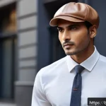 몽블랑 클래식 캡과 페라가모 가죽 캡 비교 - A sophisticated male model wearing a classic Montblanc leather cap, styled with a smart casual offic...