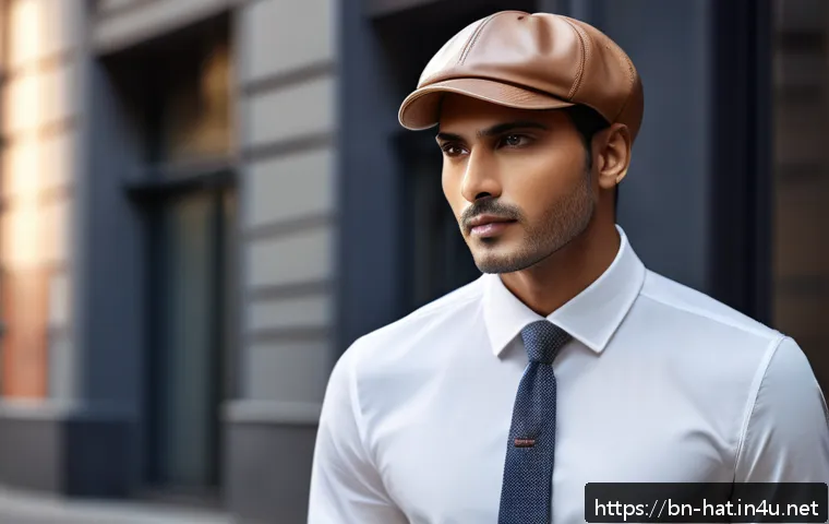 몽블랑 클래식 캡과 페라가모 가죽 캡 비교 - A sophisticated male model wearing a classic Montblanc leather cap, styled with a smart casual offic...